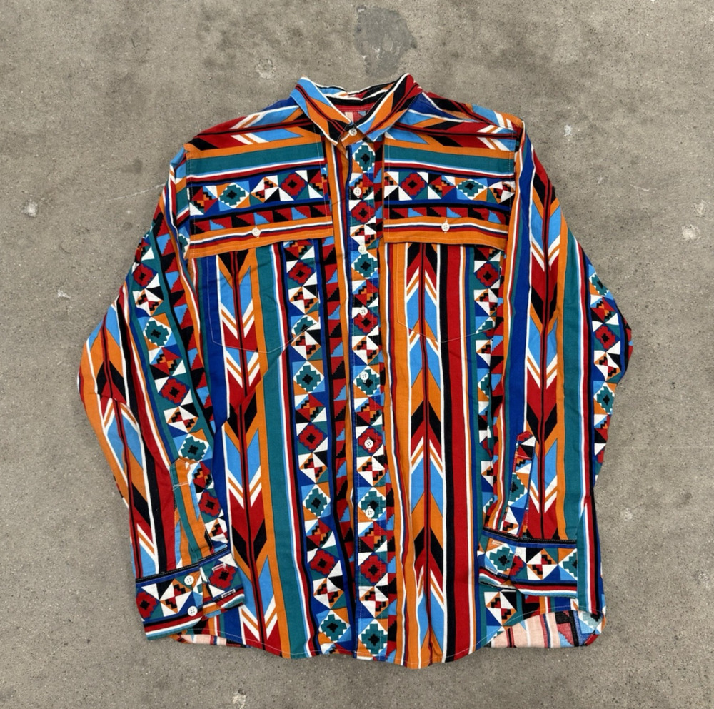 Vtg Men's Frontier Series Aztec Print Western Button Down Shirt L Multi Color